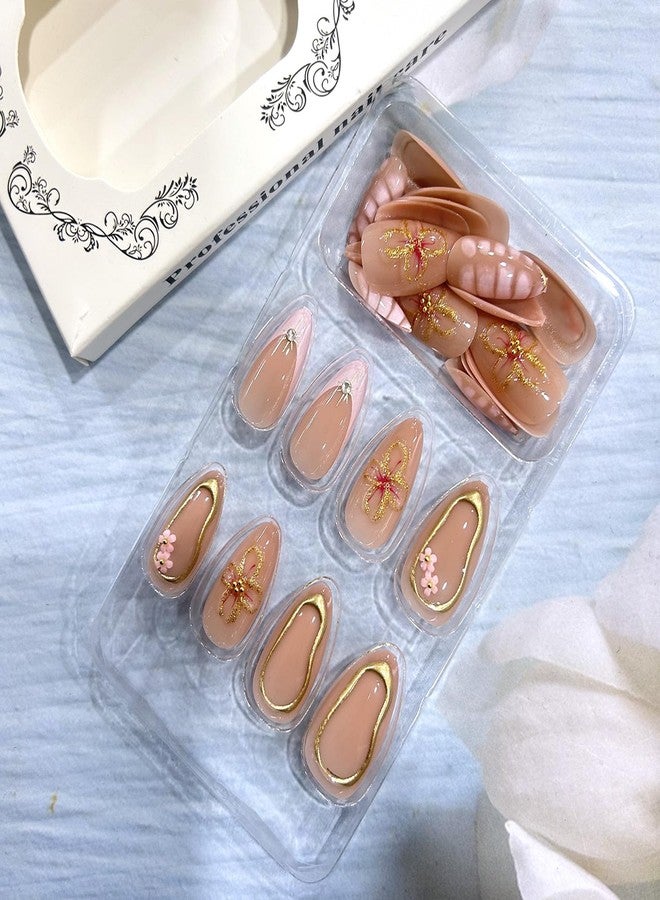 CJDLTS Flower 3D Pink Press on Nails Medium Almond Shaped French Tip False Nails Gold Lines Crocodile Pattern Design Full Cover Artificial Acrylic Nail Reusable Glue on Nails for Women 24Pcs - Image 4